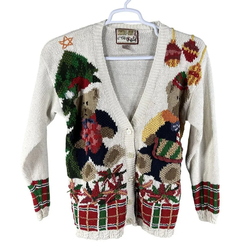 Vintage Crystal-Kobe  Womens M Cardigan Sweater Multi Color Bear Motif - Picture 7 of 15